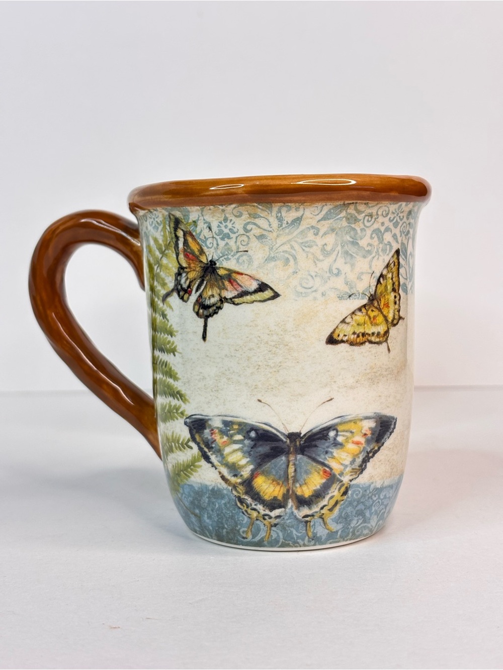 Nature Themed Butterfly & Egg Ceramic Mug Set of 2, Brown Handles Susan Winget - Picture 2 of 14